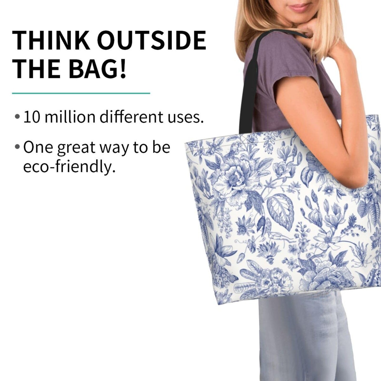 GVGOAGL Flower Blue White Leaves Tote Bag For Women, Large Waterproof Shoulder Bags Big Foldable Reusable Grocery Handbag For Travel Shopping Gym Sport Picnic Work Beach