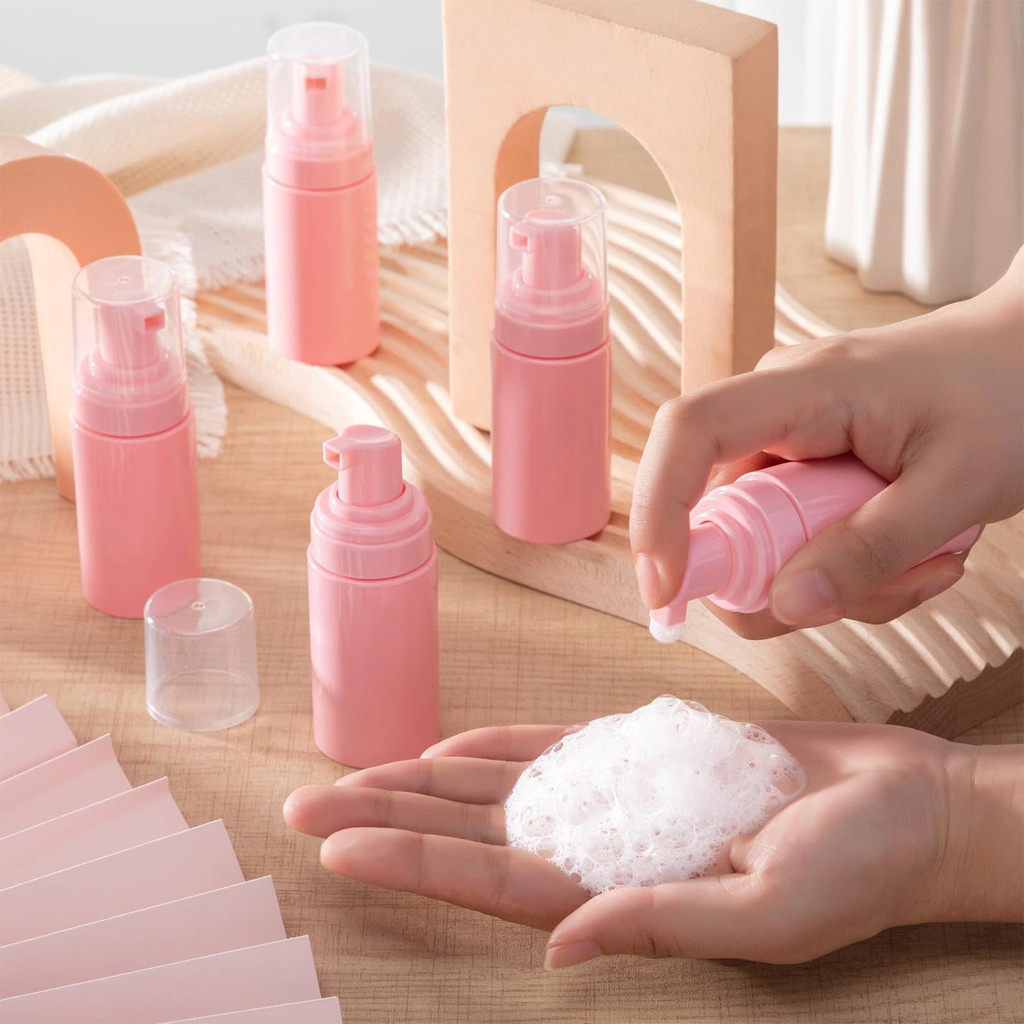 Teenyyou 50pcs Foam Pump Bottles 1oz/30ml Plastic Mini Empty Dispenser DIY Travel Face Cleanser Mousse Soap Foam Bottle Refillable Hand Soap Eyelash Shampoo Cosmetics Portable Travel Pack(Pink)
