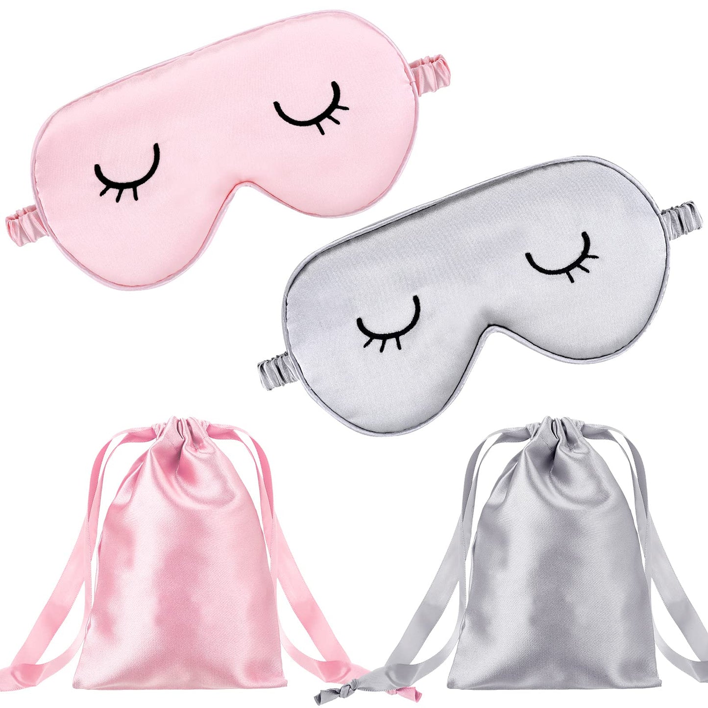 Geyoga 2 Pcs Cute Sleep Eye Masks for Adult Silk Sleep Eye Cover Cute Lightweight Adjustable Eyeshade Mask Satin Night Eyeshade Covers with 2 Pcs Storage Bag(Adult, Pink, Gray)