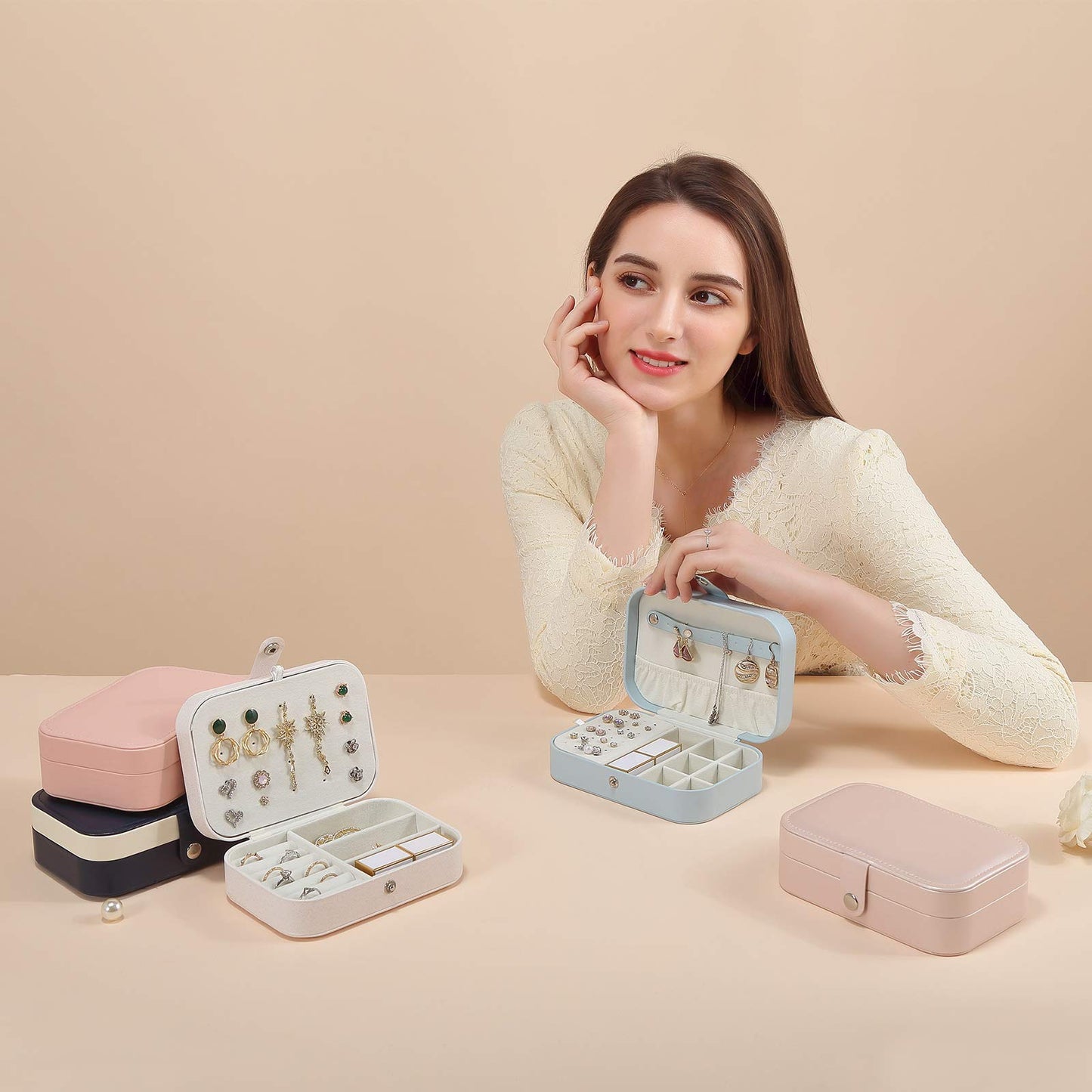 CASEGRACE Jewelry Box For Women Travel Jewelry Organizer Double Layer for Necklace Earring Rings Jewelry Holder Case