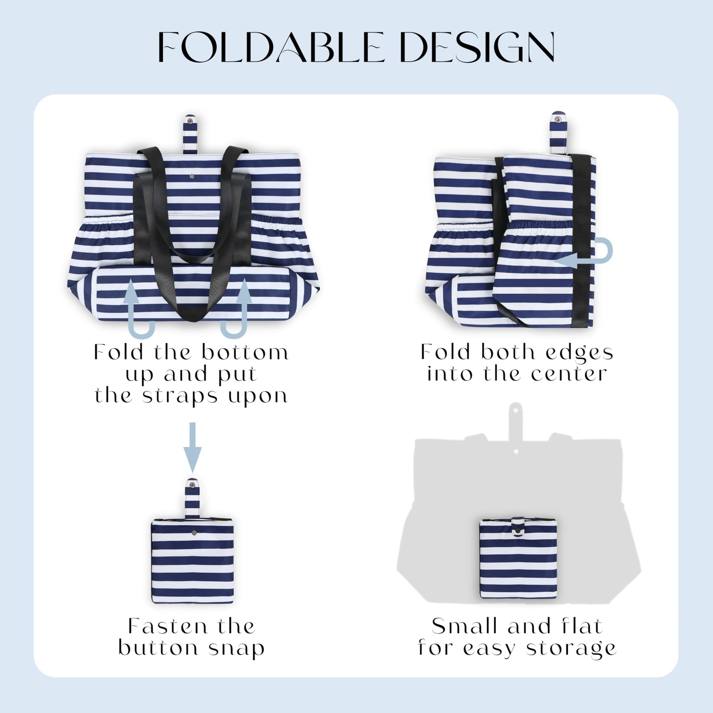 Buringer HOMESPON Large Foldable Beach Tote Bag for Women with Zipper Waterproof Handbag for Travel Shopping Gym Vacation (Blue Stripe)