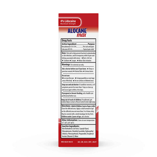Alocane Max Emergency Burn Gel, 4% Lidocaine Hydrochloride, .13% Benzalkonium Chloride, Maximum Strength Relief, Itch Relief, For Sunburns, Kitchen, Radiation, Chemical, First-Degree Burns, 4 Fl Oz
