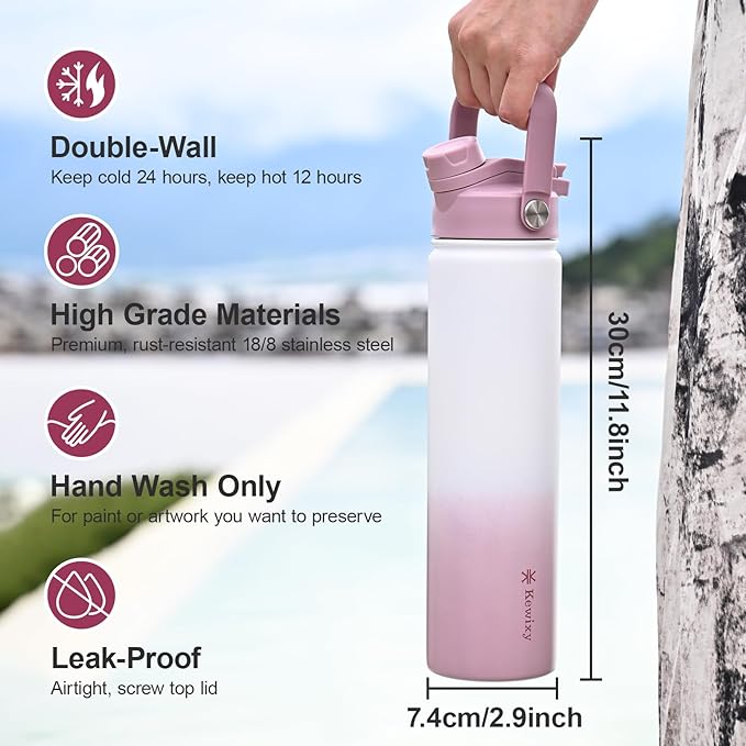 24 oz Insulated Water Bottle, 2-in-1 Lid, Straw & Spout with Protected, Leak Proof, Keep Cold, Stainless Steel, Metal, Reusable, Handle, for Travel, Gym and School, 2 Lids, Iced Plum