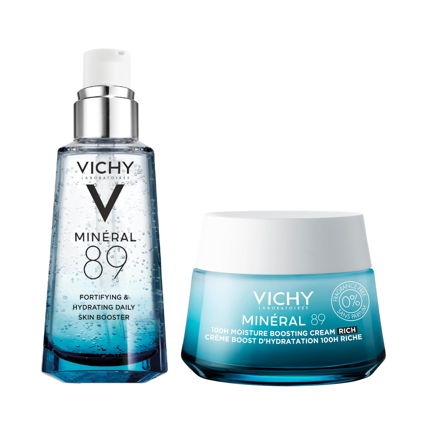 Vichy Mineral 89 Cream, 100H Rich Fragrance Free Moisture Boosting Cream + Mineral 89 Booster 50ml, Hydrating Face Moisturizer Set with Hyaluronic Acid & Niacinamide