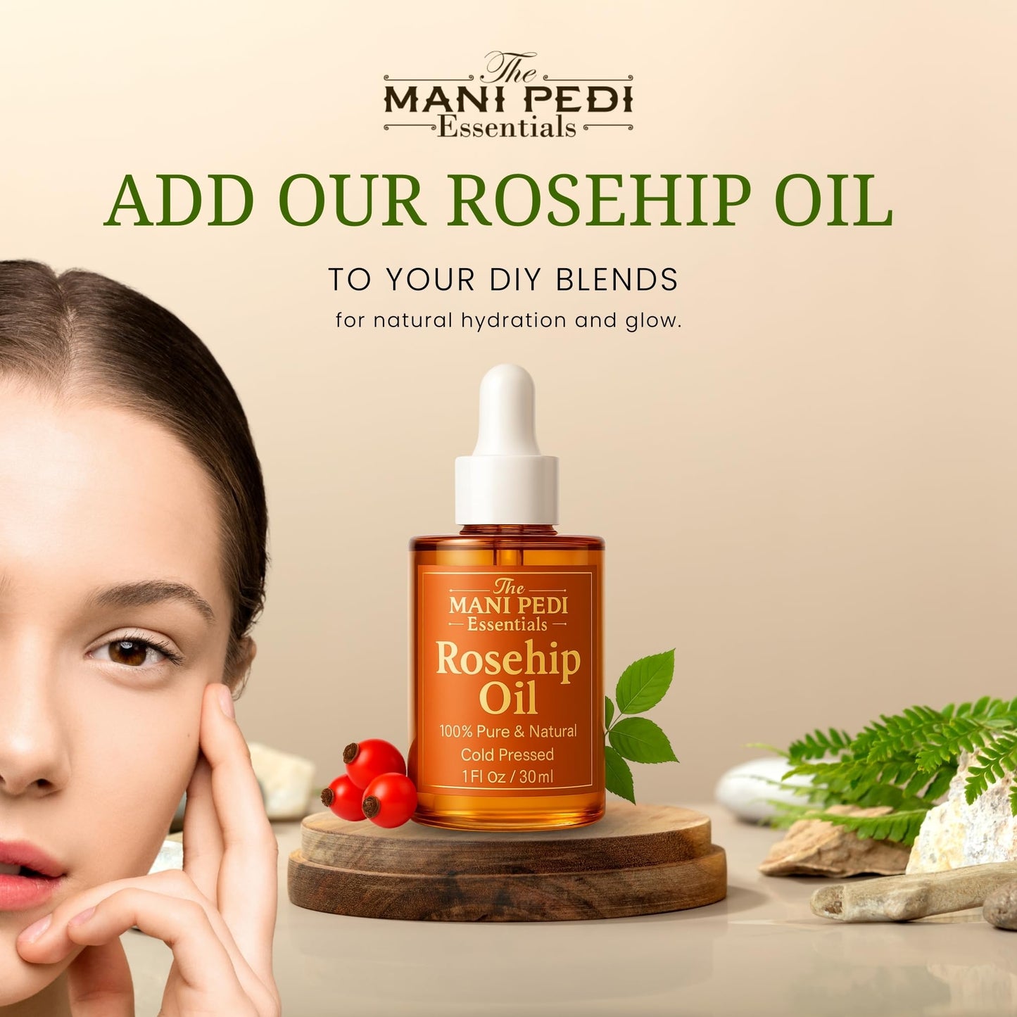 THE MANI PEDI ESSENTIALS Rosehip Oil for Face. 100% Pure, Natural, Cold-Pressed & Organic. Natural wealth of vitamins that help nourish & hydrate your skin - 1 Fl Oz
