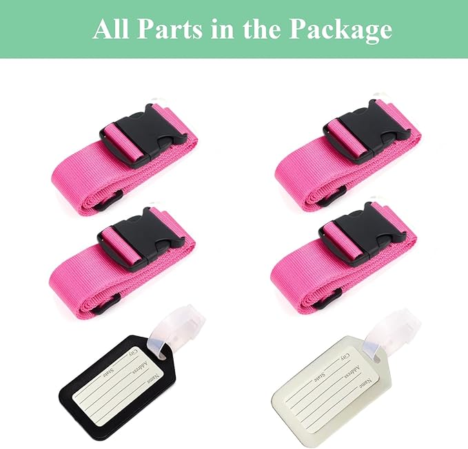 4PCS Luggage Straps for Suitcases & 2PCS Tags Set for Easy Identification,Travel Accessories for Safety,Luggage Strap for Travel Suitcase & Bag Closure,Rose Red