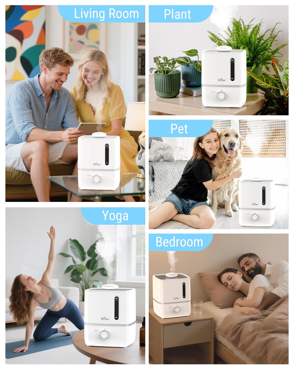 Bear Humidifiers for Bedroom, 3L Cool Mist Humidifiers and Oil Diffuser, Quiet Rapid humidifiers for Home Whole House, with Adjustable Mist Output and Auto Shut-off, White