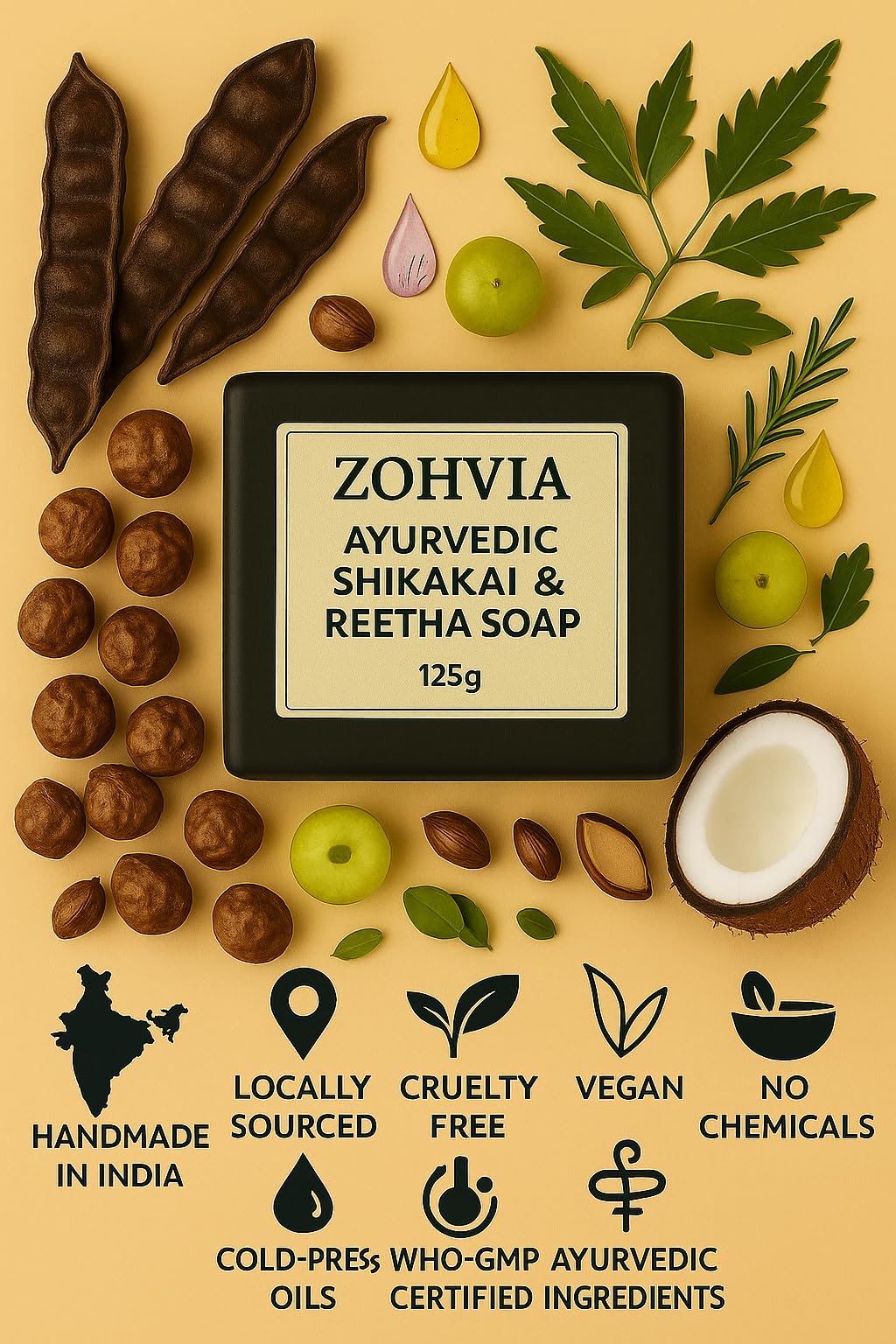 ZOHVIA Pure Shikakai Reetha Herbal Soap Bar 4.4oz Traditional Indian Cleanser with Amla, Neem Inspired by Ayurvedic Skincare Handcrafted with Coconut, Castor & Palm Oils, For men, women & teenagers