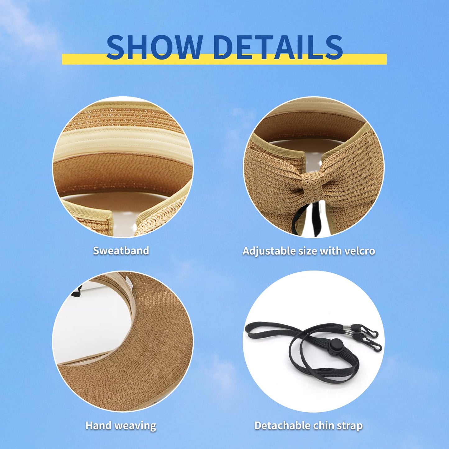 Hzcigav Ultimate UV Protection UPF Women’s Sun Visor Hat - Wide Brim, Lightweight, Breathable, Roll-Up, Foldable, Packable, Adjustable, Straw Sun Hat UPF 50+, Stylish Beach Accessory for Women