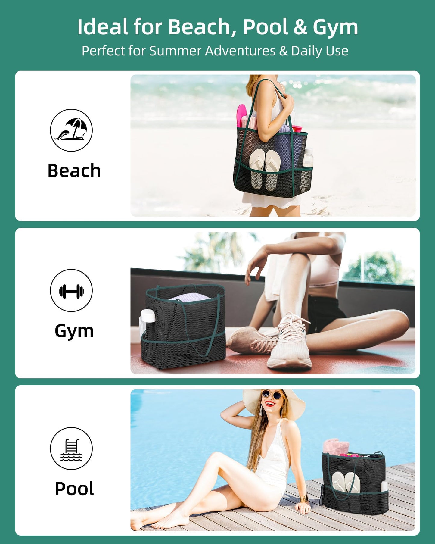 Mesh Beach Tote Bag Packable,2025 New 2-in-1 Large Lightweight Foldable Beach Bags with Multiple Pockets for Women (Black)