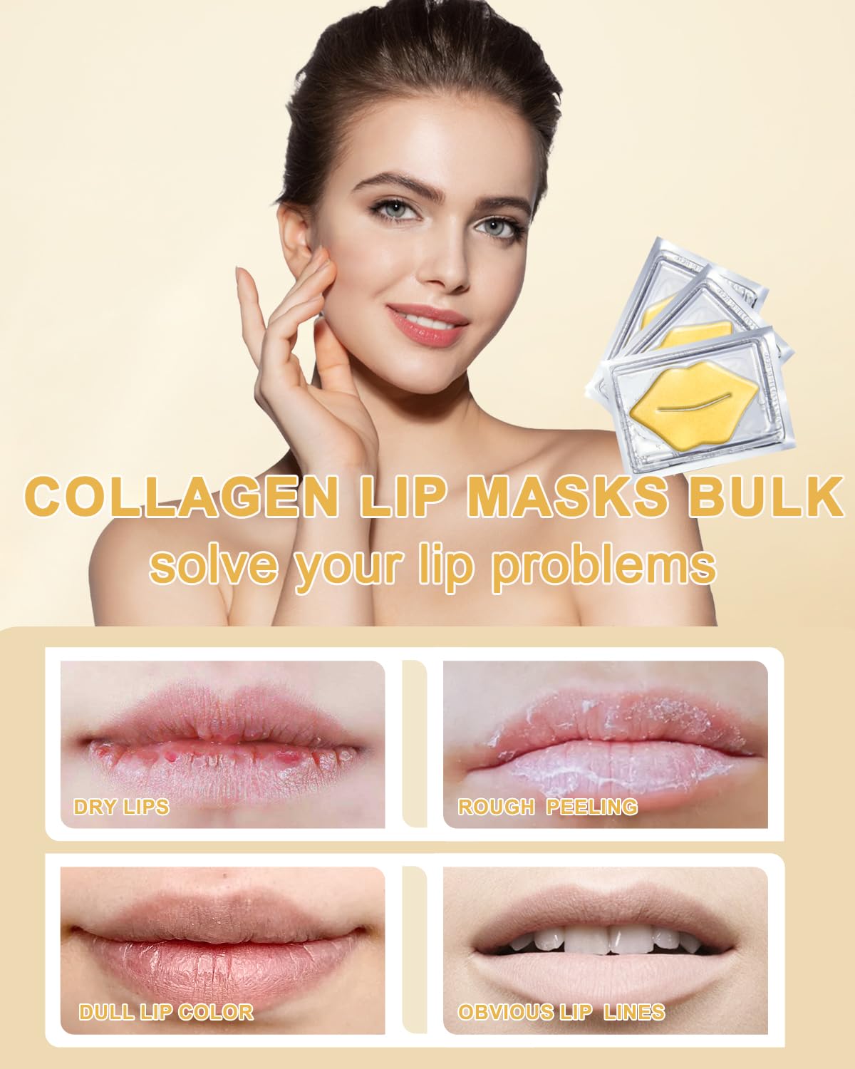 Bukamkom Collagen Lip Mask Patches Golden Sheets 20 Pack,24k Gold Overnight Lips Masks Moisturized Lips,Soothing & Nourishing Moisture,Anti-Aging,Bulk Lip Patches masks Individually Wrapped