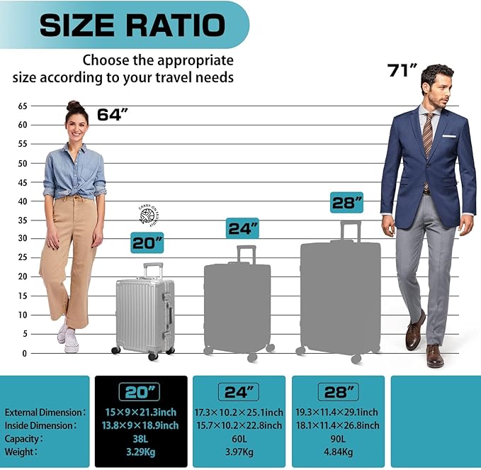 AnyZip Carry On Luggage - Aluminium Frame, PC ABS Hard Shell, Suitcases with Wheels, TSA Lock, No Zipper - 20in Silver