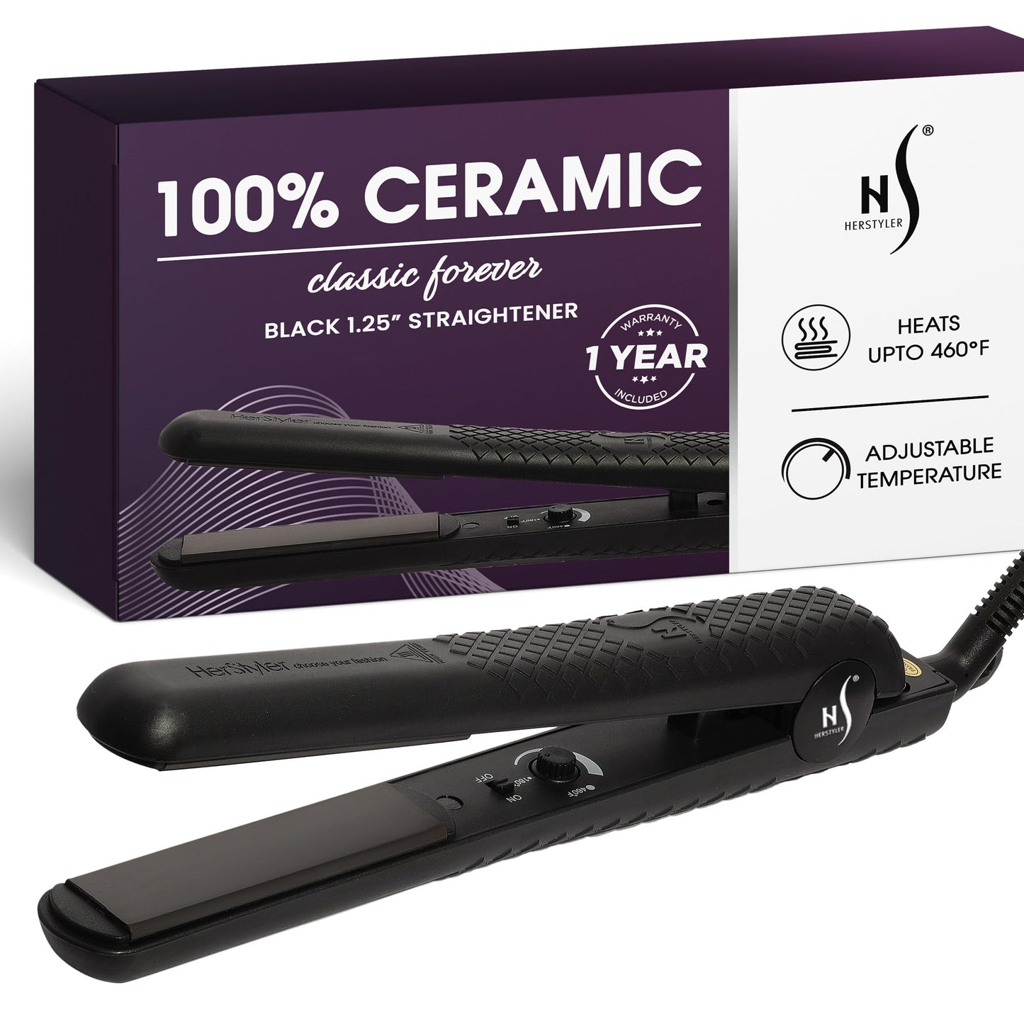 HerStyler Forever Straightening Flat Iron - Travel Friendly Dual Voltage Flat Iron 1.25 inch - Ceramic Hair Straightener for Silken Hair - Negative Ion Technology to Fight Frizz
