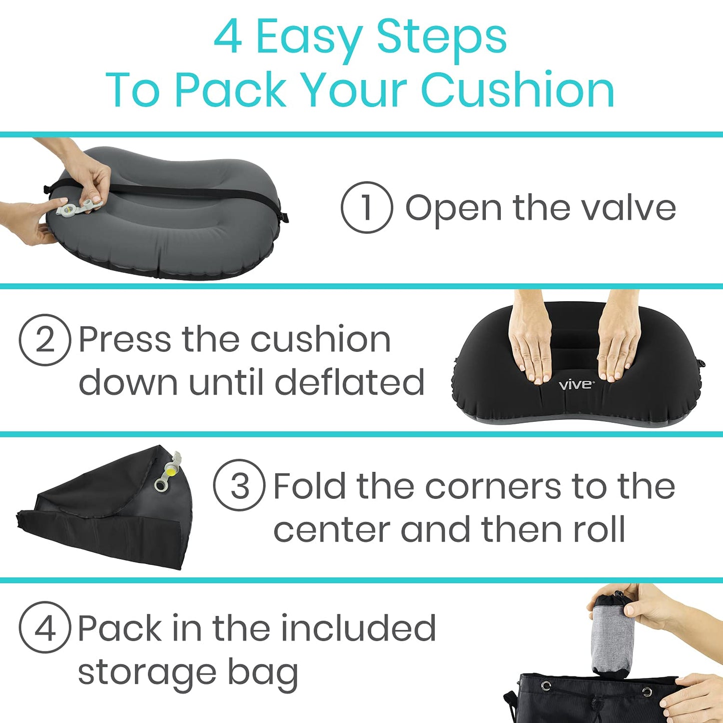 Vive Inflatable Lumbar Pillow - Cushion for Airplane Seat Travel Support - Lower Back Cushion for Car, Office Chair - Adjustable Firm Air Neck Pain, Sciatica Relief - Compact Portable Camping Headrest