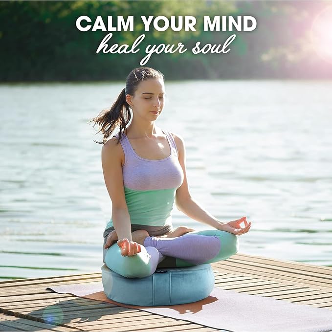 Yes4All Foam Zafu Buckwheat, Mandala Pattern Yoga Bolster Pillows, Floor Meditation Cushion, A. Sky Blue-Upgraded