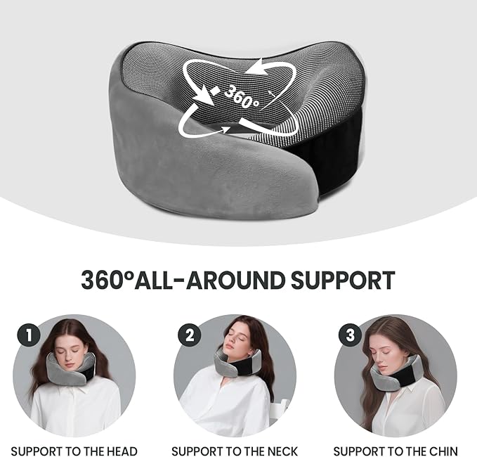 Travel Pillow, 100% Pure Memory Foam Travel Neck Pillow Airplane Neck Support Ergonomic Design for Traveling Suitable for Airplanes,Offices and Cars-Light Grey