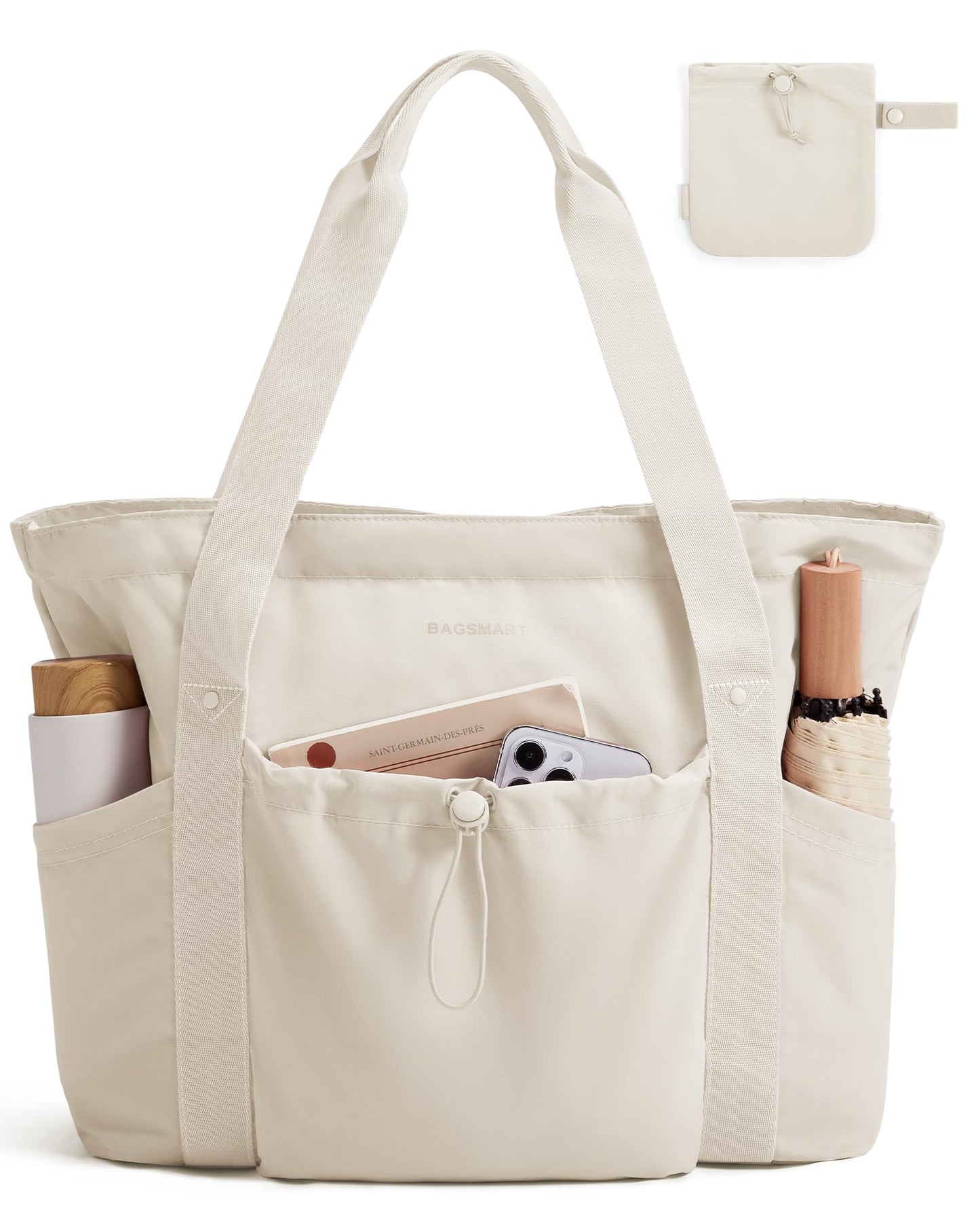 BAGSMART Foldable Tote Bag with Drawstring Bag, Large Tote Bag Shoulder Bag Top Handle Handbag for Travel, Work, Beach, Gym