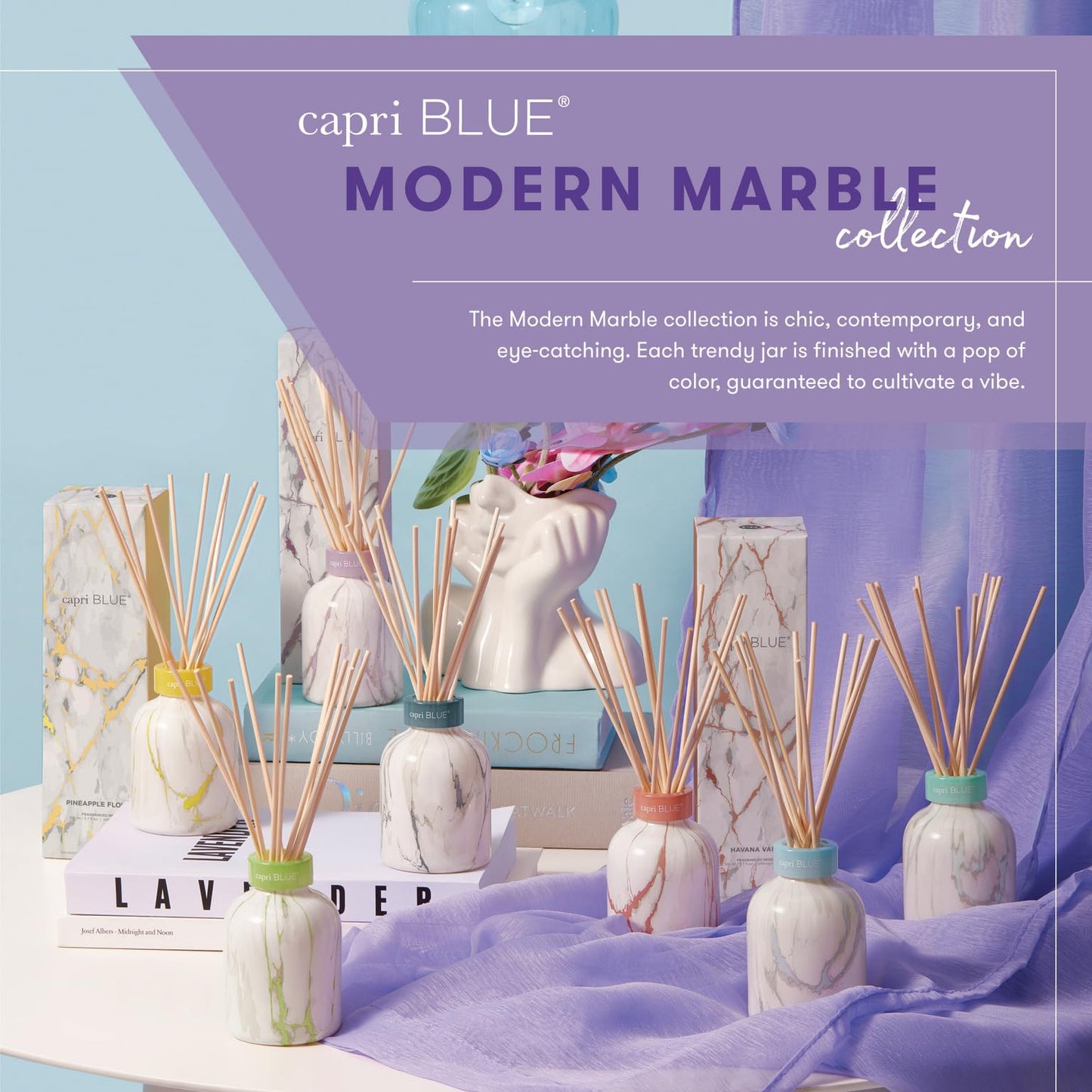 Capri Blue Modern Marble Reed Diffuser Set - Includes Reed Diffuser Sticks, Scented Oil & Glass Bottle - Luxury Scents for Bedroom Decor & Bathroom Air Freshener - Coconut Santal (5.7 fl oz)