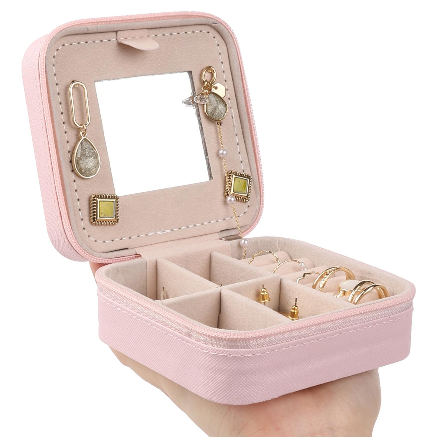 Travel Jewelry Case and Organizer with Mirror,Travel Jewelry Box Organizer Holder Stocking Stuffers,Pink,1 Pack
