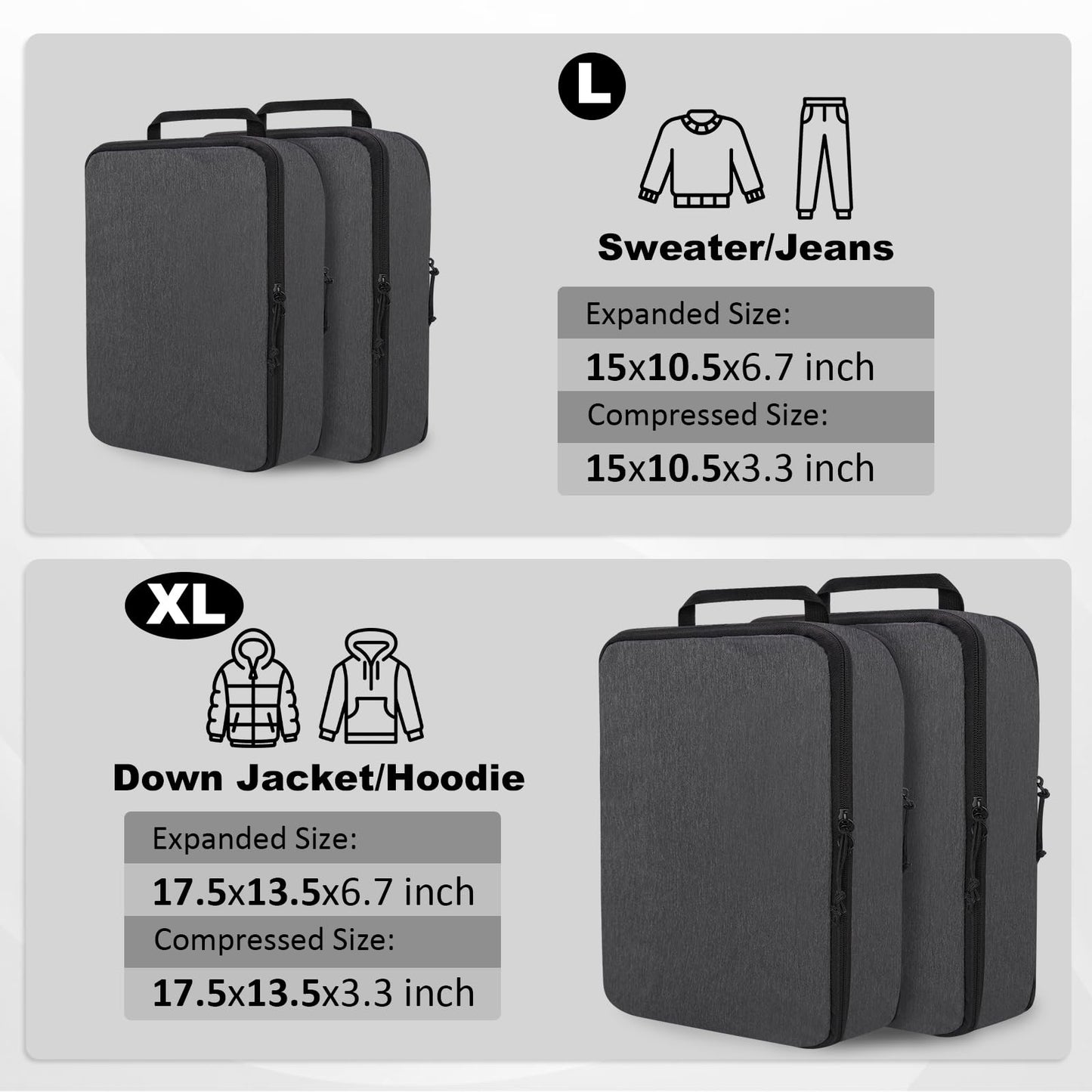 Extra Large Compression Packing Cubes for Travel Essentials, 2 Set Expandable Travel Cubes for Packing Compression Bags Luggage Suitcase Organizer, Black