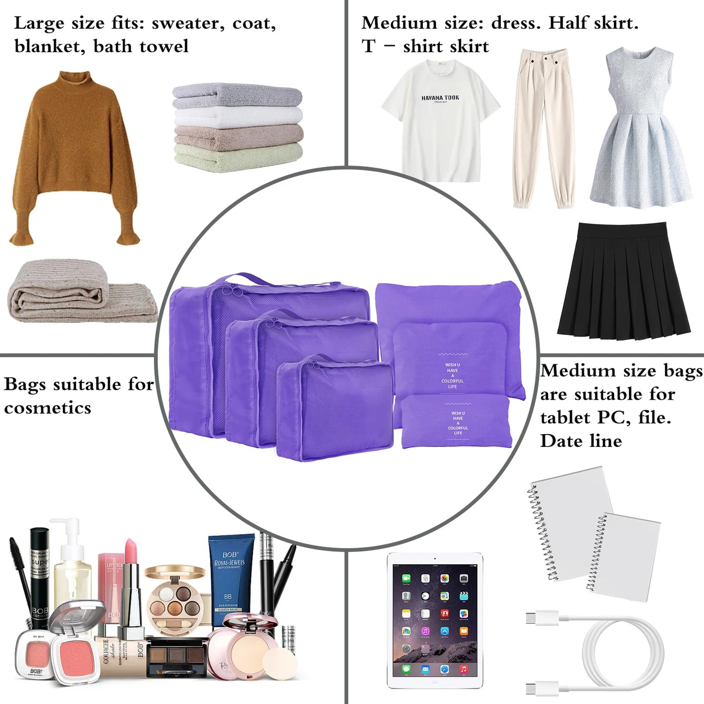 jealkip 6 Set Compression Packing Cubes for Travel, Lightweight Travel Essentials, Luggage Organizers for Clothes, Shoes, Electronics, Cosmetics & Toiletries (Violet)