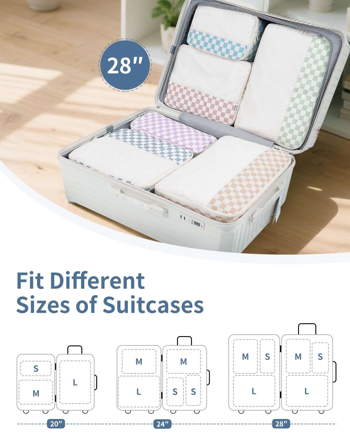 Narwey 7 Set Checkered Packing Cubes for Travel Carry on Suitcase Luggage Organizer Bags for Kids Women Men, Durable Packing Organizers Bag, Travel Essentials Accessories (Combined Checkerboard)