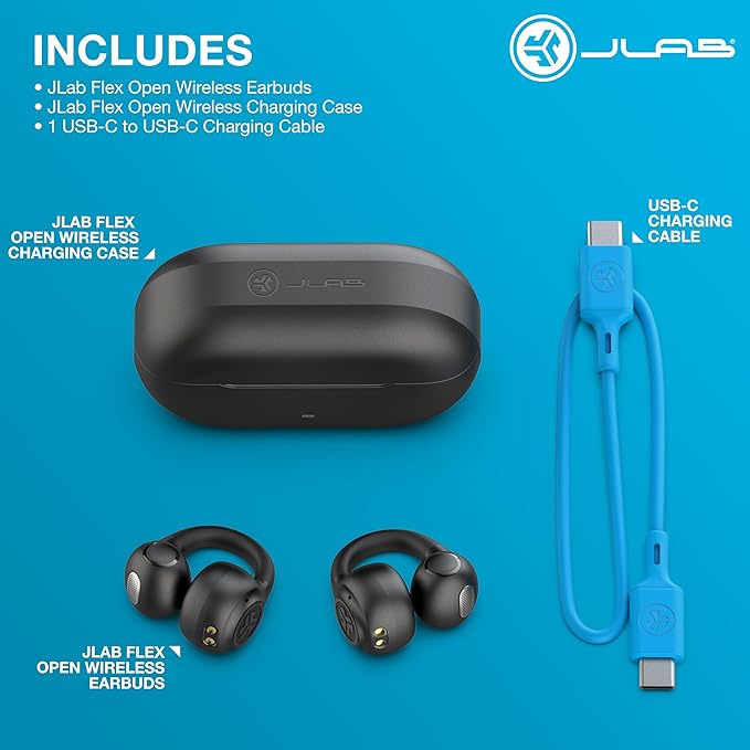 JLab Flex Open Earbuds, Clip-on Cuff Design, Wireless Open-Ear Audio Freedom Effortless Fit, Safe Listening, Bluetooth Multipoint, Customize with The App, Black