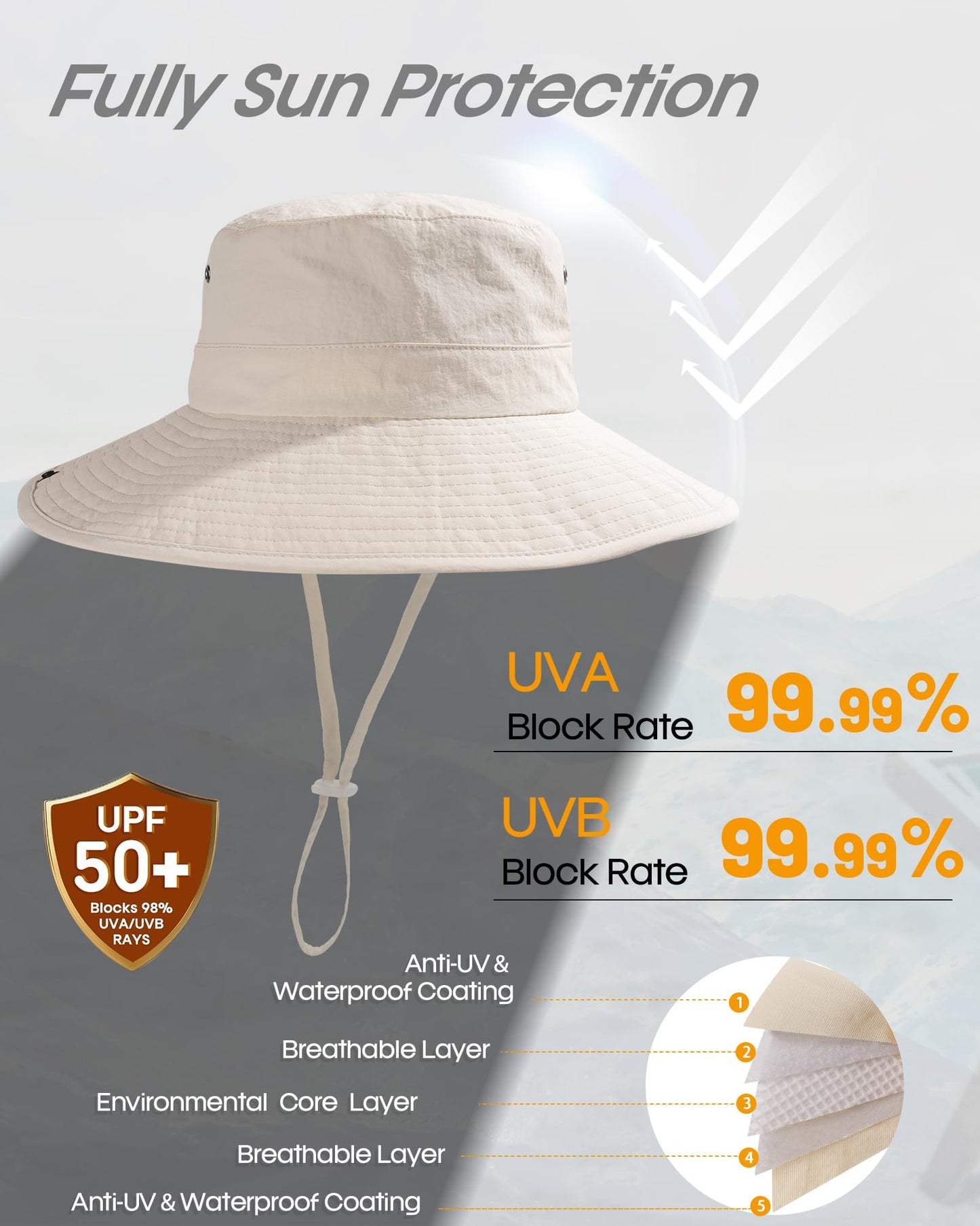 FURTALK Sun Hats for Women with Ponytail Hole Wide Brim Beach Bucket Hat UPF 50+ Fishing Hiking Outdoor Hats Beige