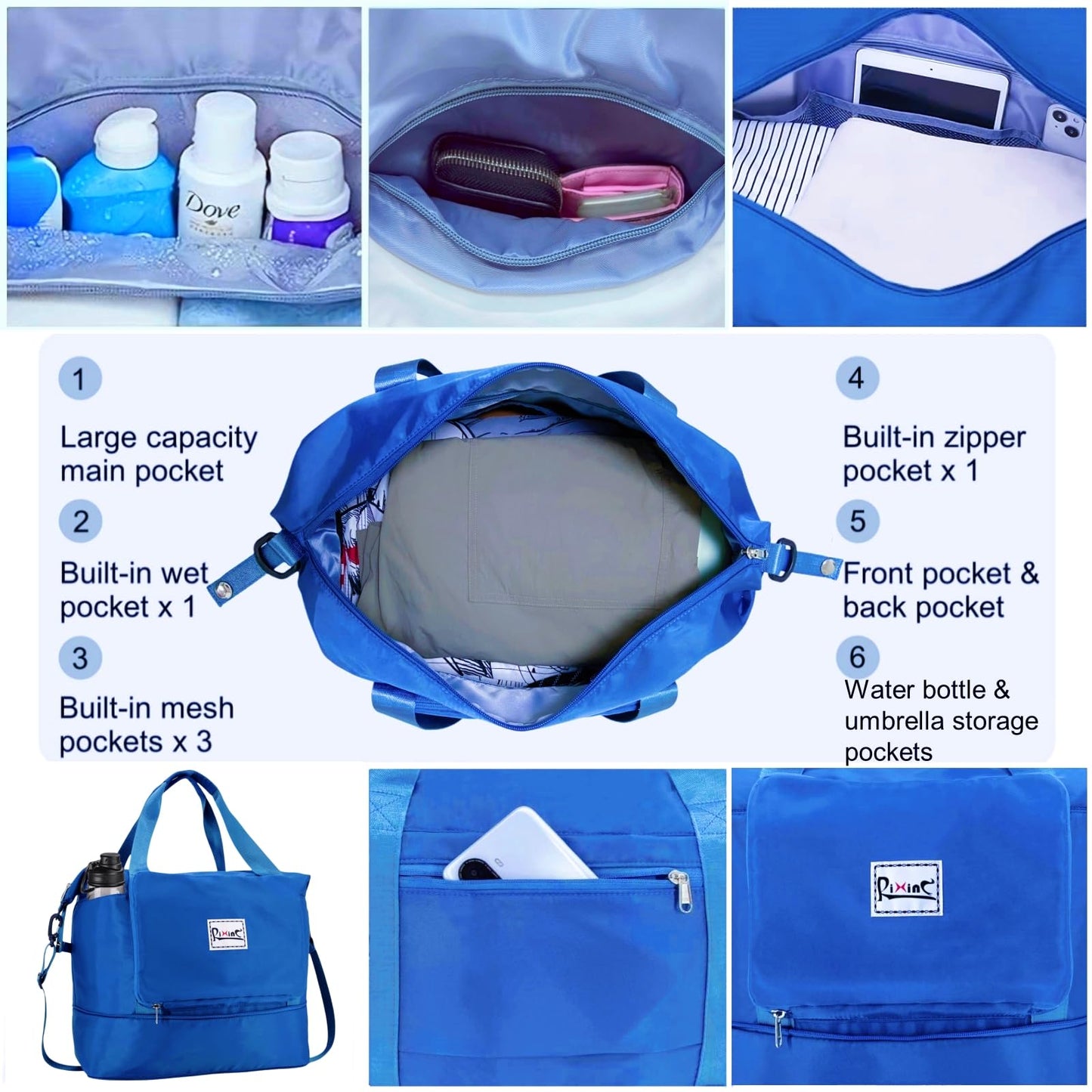 Foldable Travel Duffle Bag with Multiple Pockets, 40L Expandable Weekender Bag for Women, Overnight Carry On Gym Tote with Water Bottle Holder (Blue)