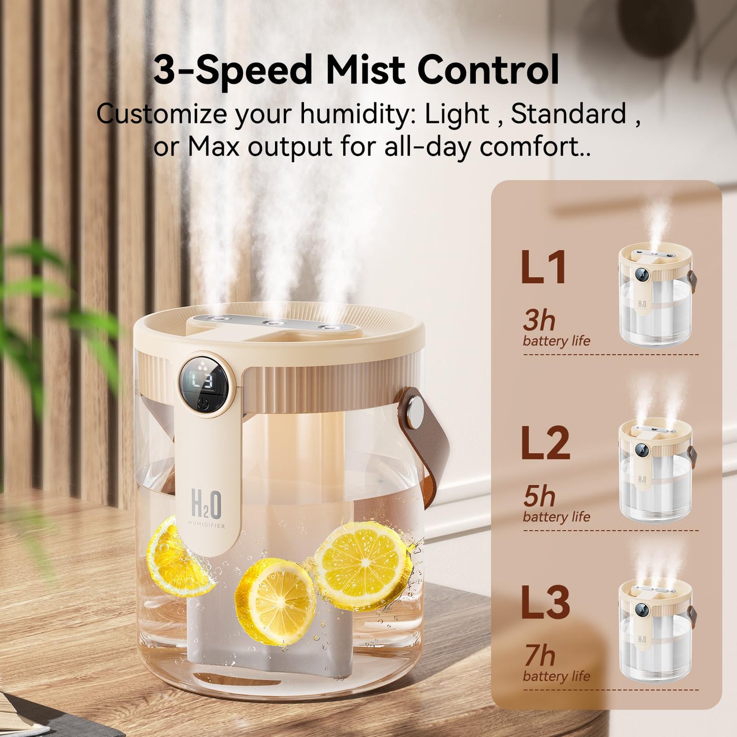 KIMMOO Smart Humidifiers for Bedroom, Rechargeable Top Fill Humidifier with Night Light, 1.4L Cool Mist Humidifier for Office Home Plant and Baby, 3-Speed Mist Control, Quiet, Auto Shut-Off, Beige