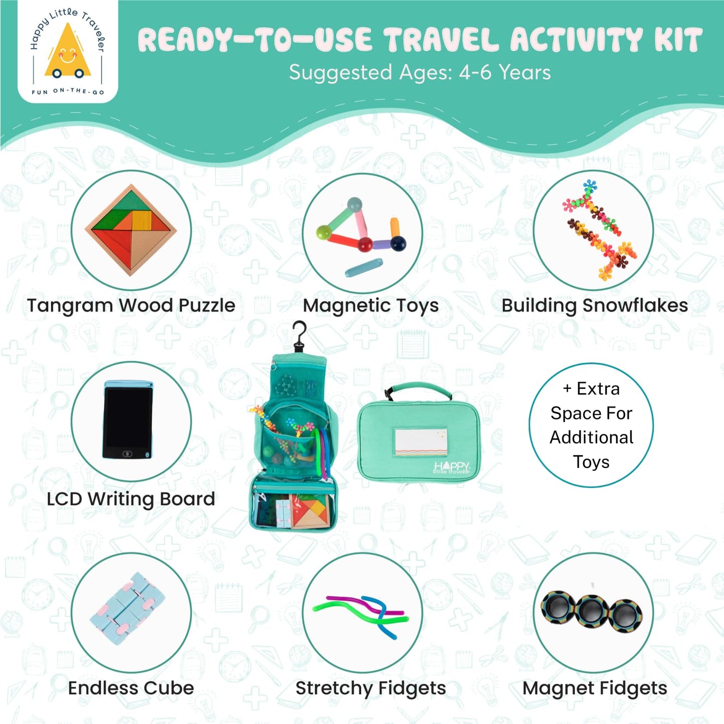 Travel Essentials for Kids – All-in-One Activity Kit for Travel, Road Trip Activities for Kids - Hanging Bag, Includes Toys and Activities for Airplanes, Hotels - Boys & Girls 4+ Years (Seafoam)