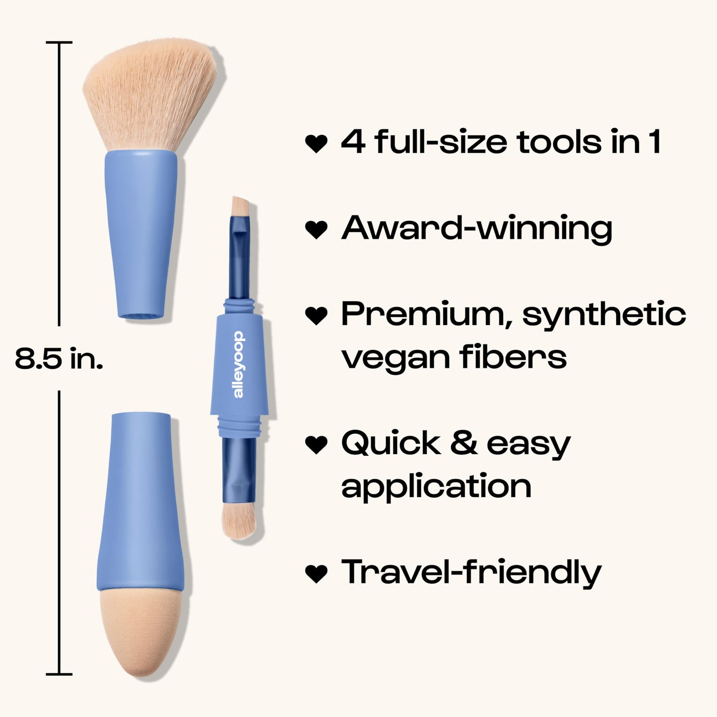 Alleyoop Multi-Tasker 4-in-1 Travel Makeup Brush Set – Compact Makeup Brushes with Blending Sponge, Eyeshadow, Eyebrow & Liner, Blush & Bronzer Brush – Mini Makeup Tools Kit for Women, Vegan