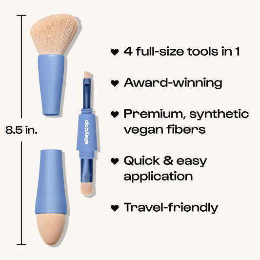 Alleyoop Multi-Tasker 4-in-1 Travel Makeup Brush Set – Compact Makeup Brushes with Blending Sponge, Eyeshadow, Eyebrow & Liner, Blush & Bronzer Brush – Mini Makeup Tools Kit for Women, Vegan