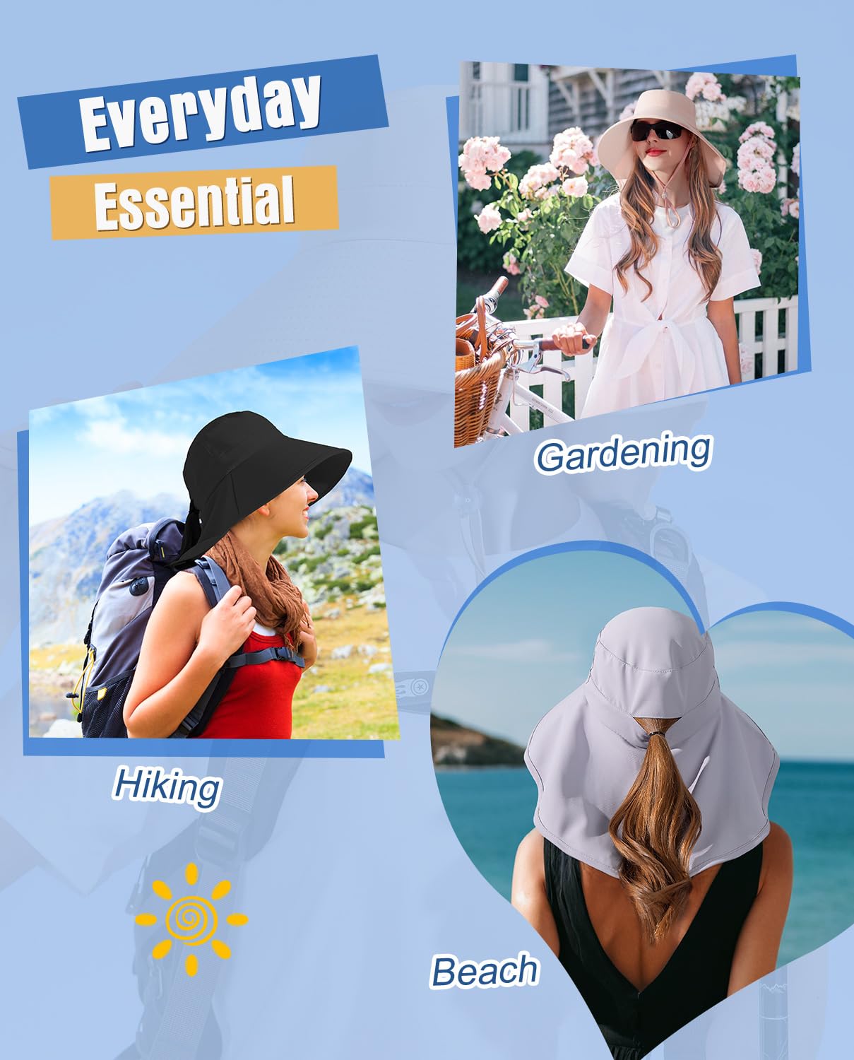 Sun Hats for Women UPF 50+ Uv Protection with Ponytail Hole,Beach Wide Brim Hats Fishing Hats,Gardening Hat for Neck Flap Beige