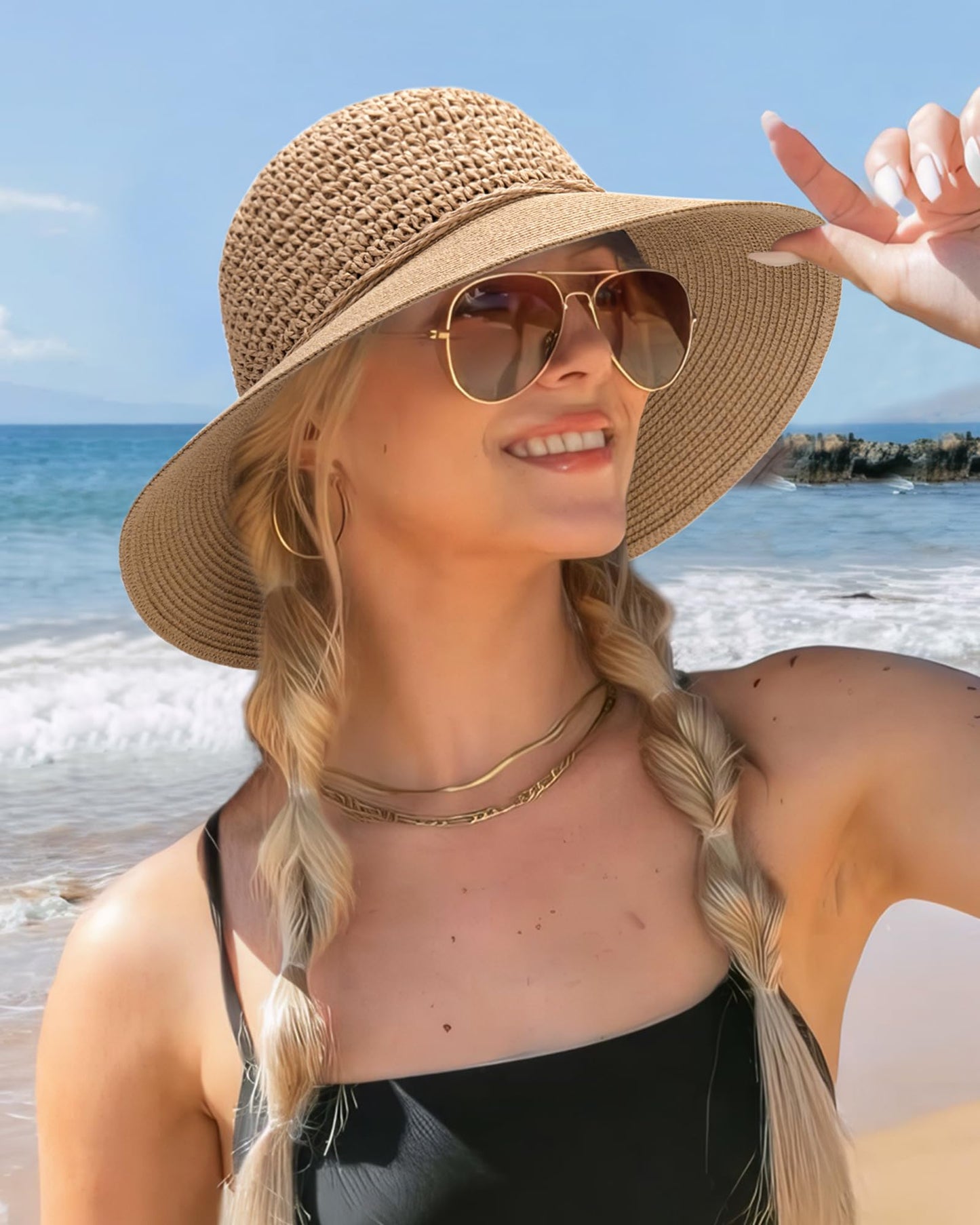 FURTALK Womens Summer Straw Beach Sun Hat Wide Brim Handmade Crochet Hats Khaki, Medium