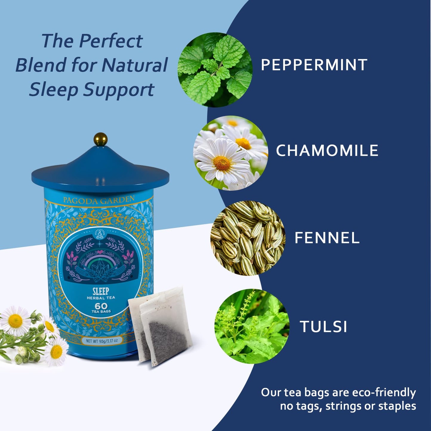 Life Plus Style Gourmet Pagoda Garden Sleep Organic Herbal Tea Caffeine Free Peppermint Tea Chamomile Fennel Tulsi Hot or Iced Floral Blend Natural Delicious moonbrew Sleep Digestive 60 Tea Bags