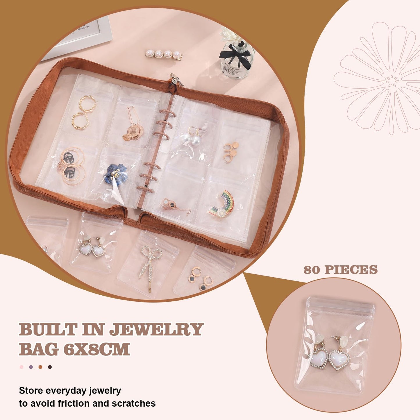 Jewelry Organizer Case Travel Jewelry Storage Bag Clear Jewelry Rolls (Light Brown,With 80 PCS Earring Pouches)