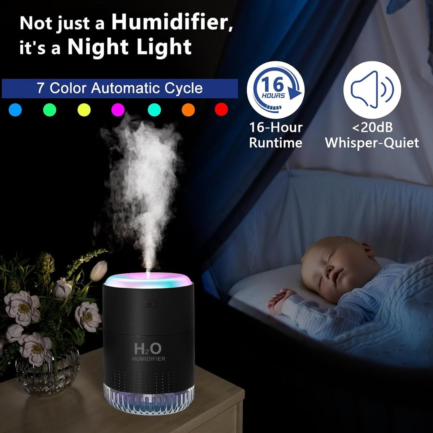 Colorful Mini Humidifier, USB Rechargeable Humidifier, small humidifier, 4 Modes Super Quiet, Humidifiers For Bedroom,Suitable For Travel Office Family Baby Bedroom-Black
