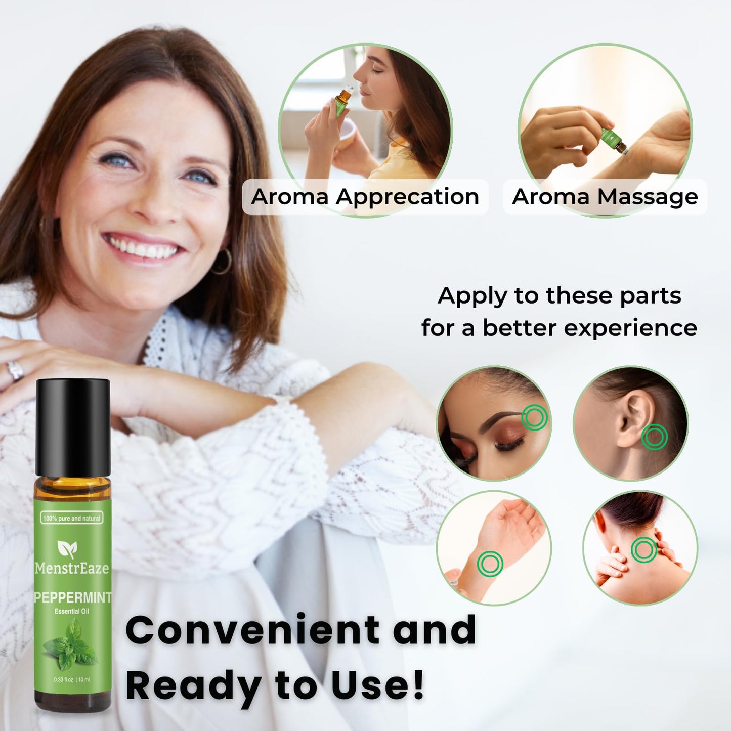 Peppermint Essential Oil Roll On, Migraine & Headache Support, High Potency, Mentha Piperita, 100% Pure Natural, Refreshing and Calming, Nausea Support, 10ml