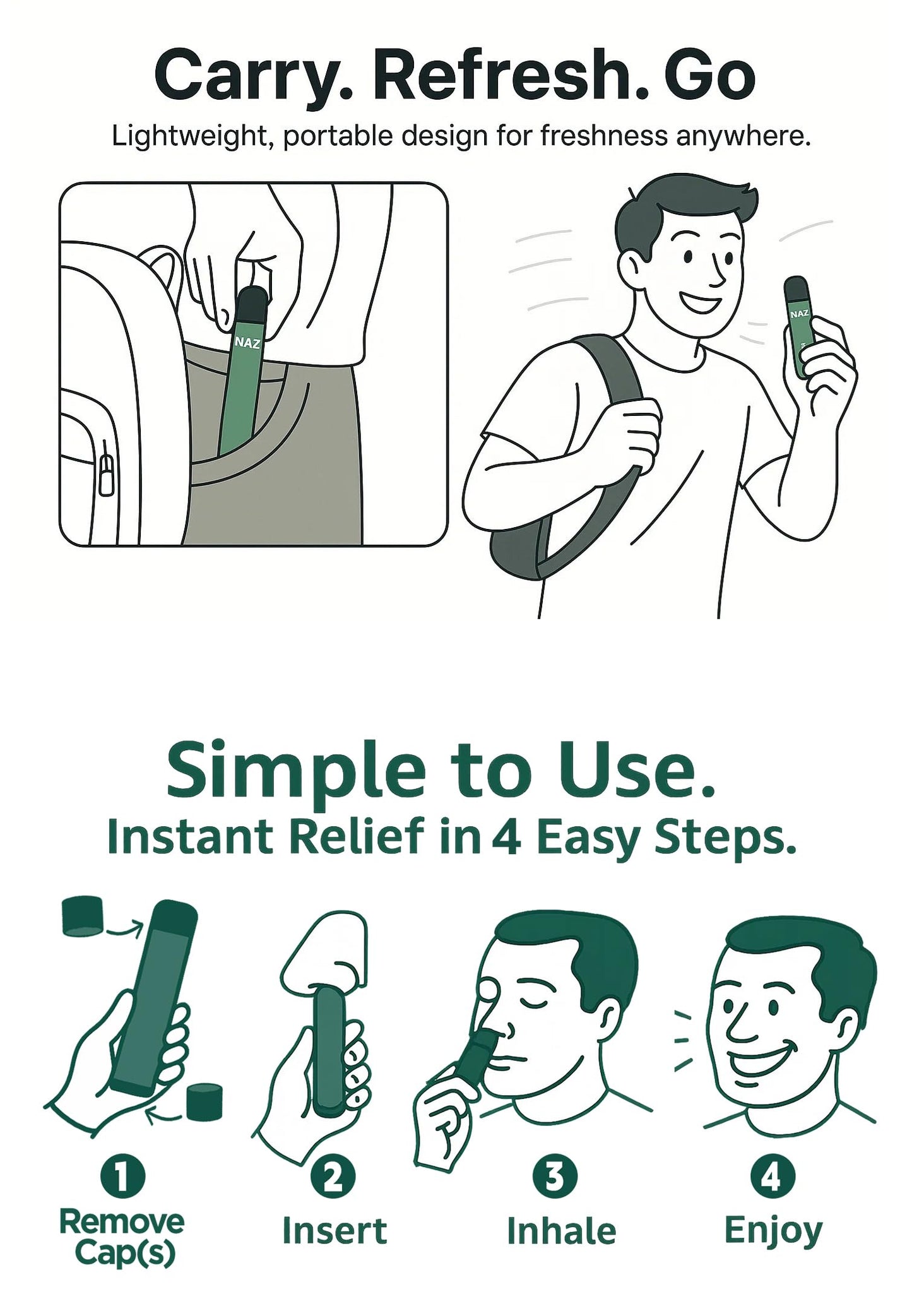 Naz Electric Nasal Stick - Portable Essential Oil Vaporizer for Aromatherapy, Cool & Refreshing, Simple Ingredients | Non-Medicated Menthol Inhaler 3-Pack