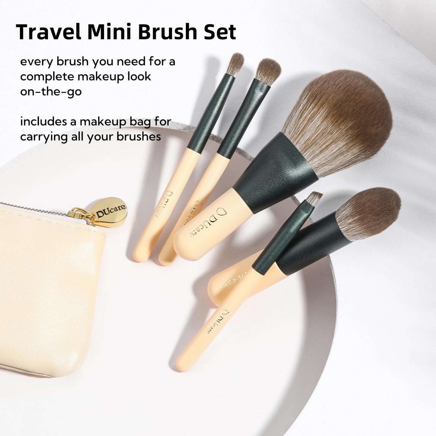 DUcare Travel Makeup Brushes Set with Bag,5PCS Portable Mini Cosmetic Brushes Kit for Powder,Blush,Foundation, Eyeshadow, Tapered Kabuki Coverage Mineral Bronzer Buffing Brush Green