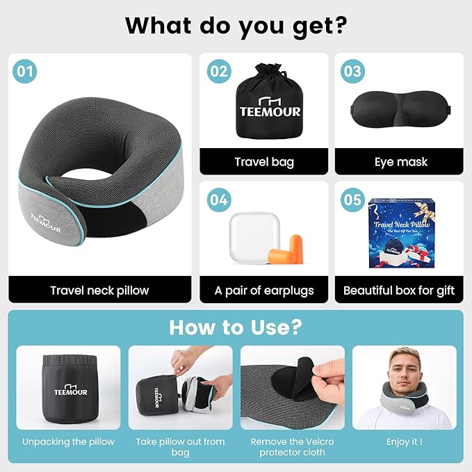 Upgraded Neck Pillow for Airplane Travel - 360° Support Gifts for Women/Men/Mom/Dad, Memory Foam Travel Pillow With Eye Mask & Earplugs, Portable Carry Bag for Long Flights| Best Airplane Accessories