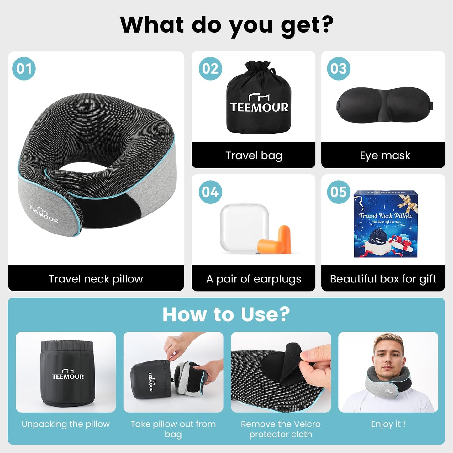 Upgraded Neck Pillow for Airplane Travel - 360° Support Gifts for Women/Men/Mom/Dad, Memory Foam Travel Pillow With Eye Mask & Earplugs, Portable Carry Bag for Long Flights| Best Airplane Accessories