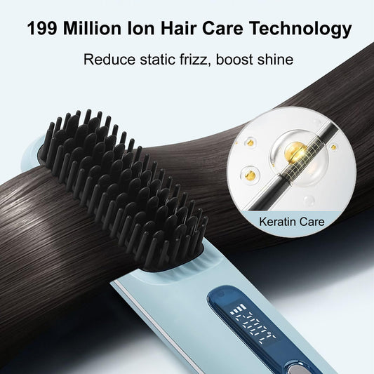 Go Brush Pro 2025 New Cordless Hair Straightener Brush - 199 Million Negative Ions, Compact & Travel-Friendly with LED Display, 4000mAh Rechargeable, Anti-Scald Mini Hot Comb for Women (Blue)