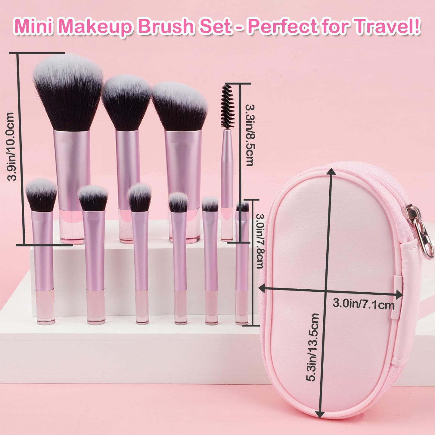 Kingtree 10PCS Mini Makeup Brushes with Pouch, Portable Makeup Brush Travel Set, Easy-taken ON THE GO Makeup Brush Full Complete Function Cosmetic Brushes for Girls