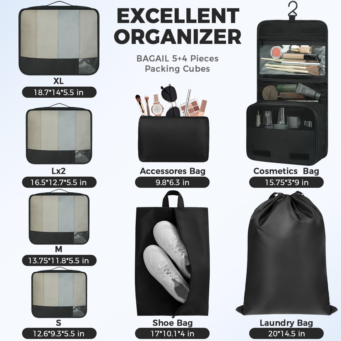 BAGAIL 9 Set Packing Cubes Luggage Packing Organizers for Travel Accessories (Black)