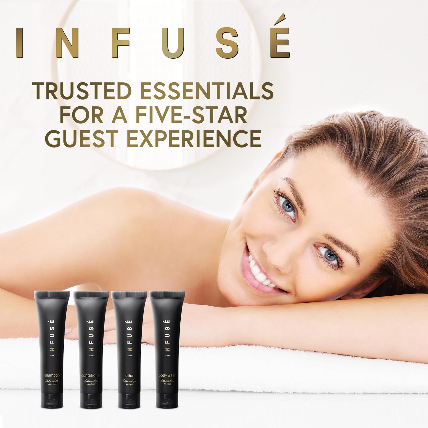 Infuse Black Soaps & Toiletries Bulk Set | 1-Shoppe Amenities Kit for Hotels & Vacation Rentals | 1 oz Shampoo, Conditioner, Body Wash & Lotion | 80 Pieces