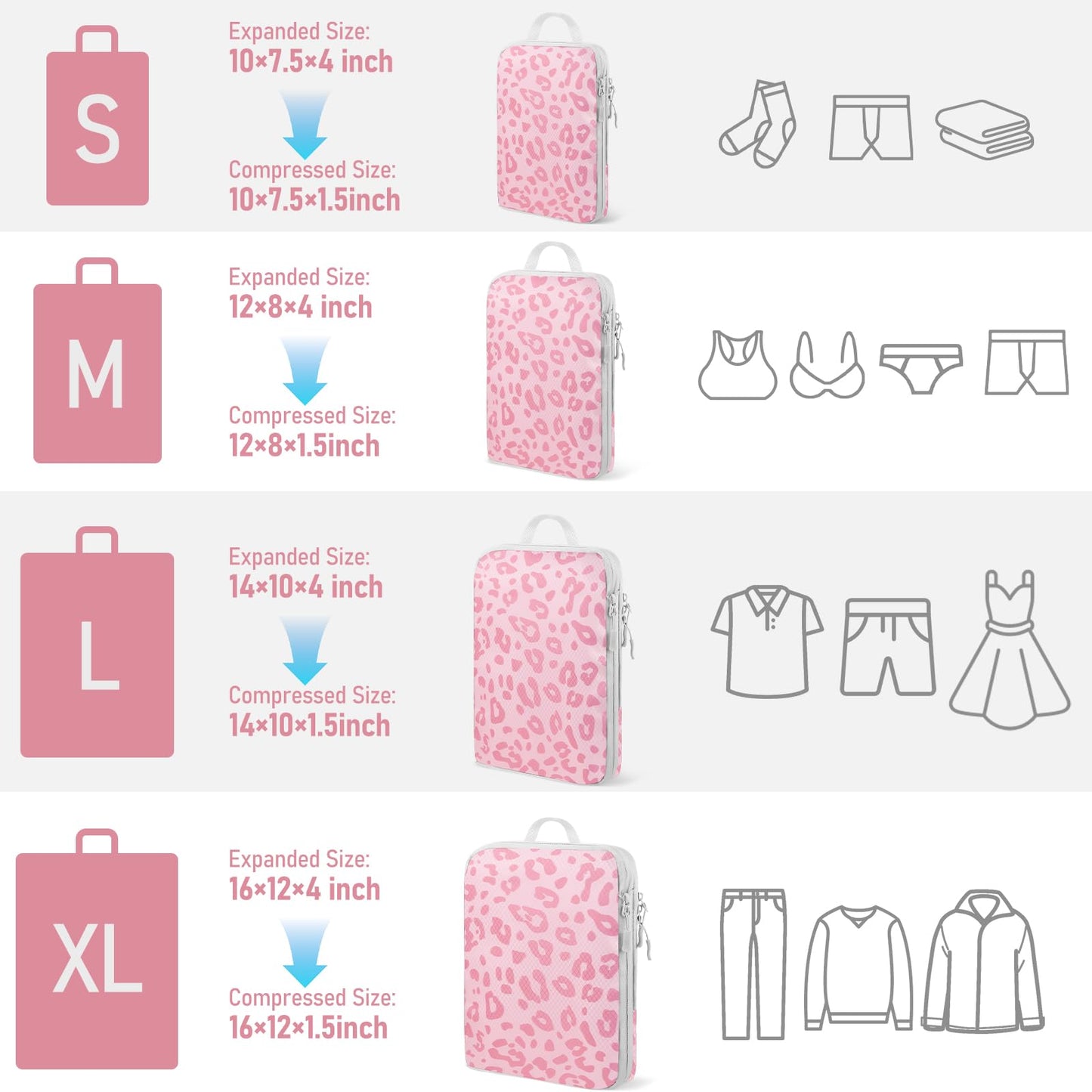 Lemoobolsa 4 Set Compression Packing Cubes For Travel Bags Organizer For Luggage Suitcase Organizer, Compression Bags For Travel Accessories Luggage Storage Set (4 Pcs, Pink Leoparda)