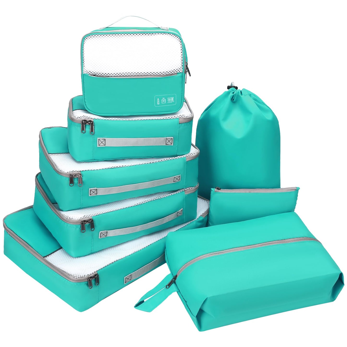 Dec-Mec 8 Set Packing Cubes for Travel -Suitcases Organizer Set for Travel Essentials, Luggage Packing Cubes for Carry on Suitcase (Turquoise, 8set(1L+2M+2S+1XS+1Shoes Bag+1Laundry bag))
