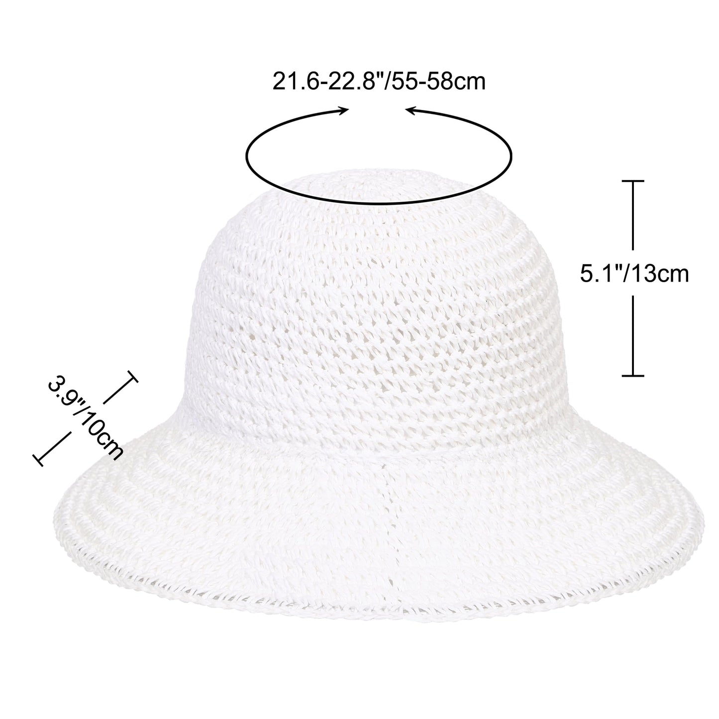Womens Sun Hat Handmade Crochet Straw Bucket Hat Summer UV Protection Foldable Travel Cap UPF 50+(White)